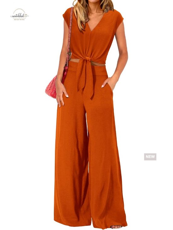 Pants - Women's 2 Piece Pant Set V Neck Crop Top Wide Leg Palazzo Pants